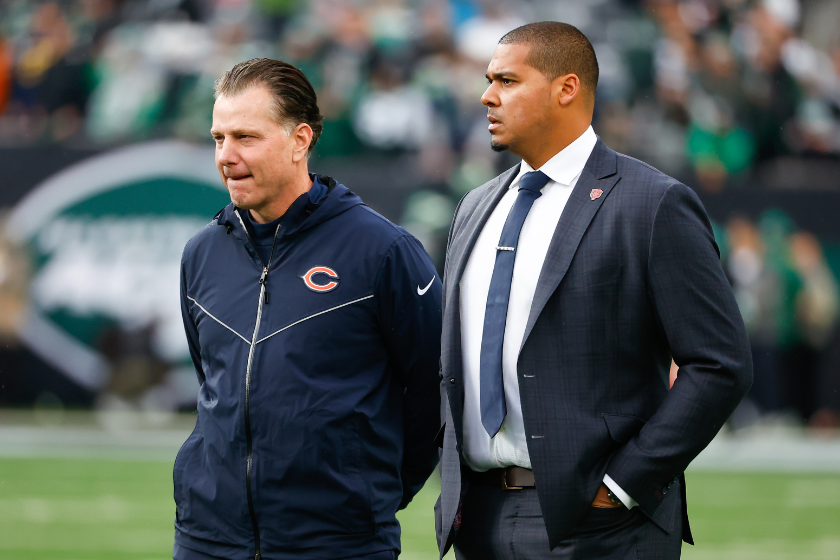 Chicago Bears head coach Matt Eberflus and Chicago Bears general manager Ryan Poles prior to the National Football League game between the New York Jets and the Chicago Bears