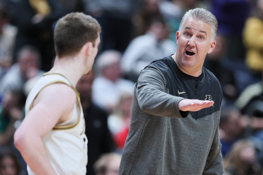 Head coach Matt Painter of the Purdue Boilermakers talks with the team during the second half of a game against the Fairleigh Dickinson Knights in the first round of the NCAA Men's Basketball Tournament