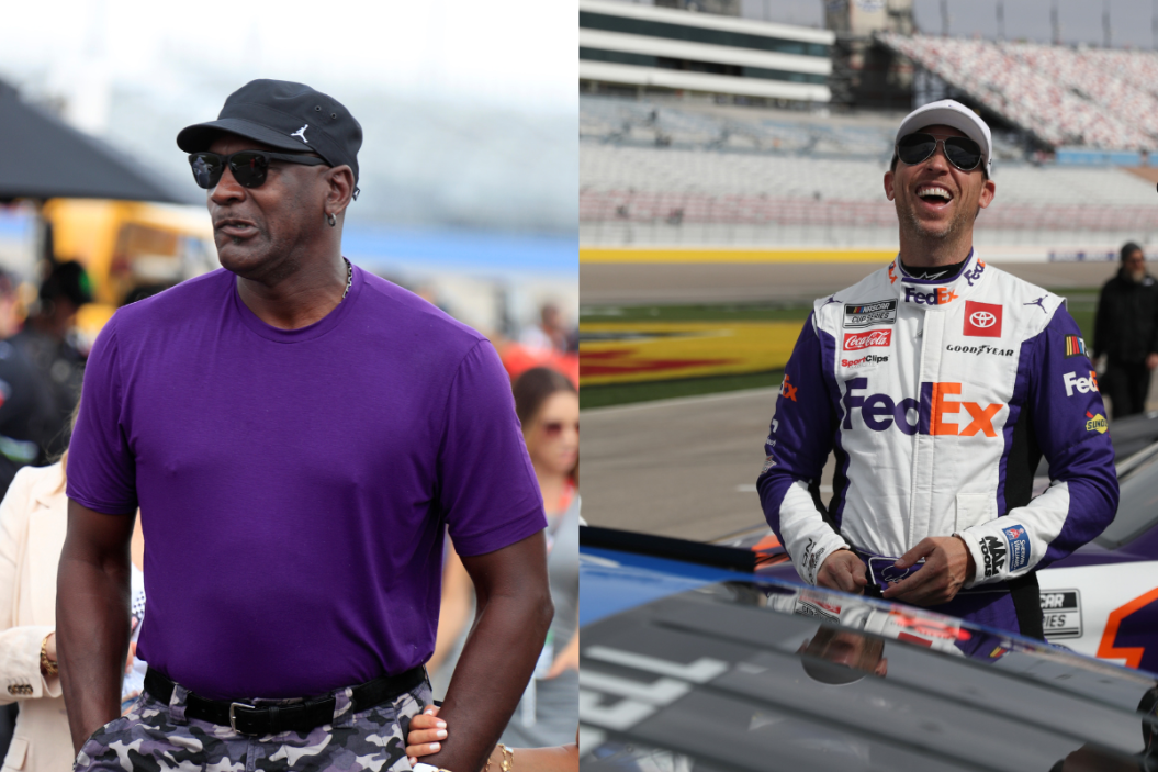 Michael Jordan watching the action on pit road during qualifying for 2022 Ally 400 at Nashville SuperSpeedway ; Denny Hamlin laughs on the grid during practice for the 2023 Pennzoil 400 at Las Vegas Motor Speedway