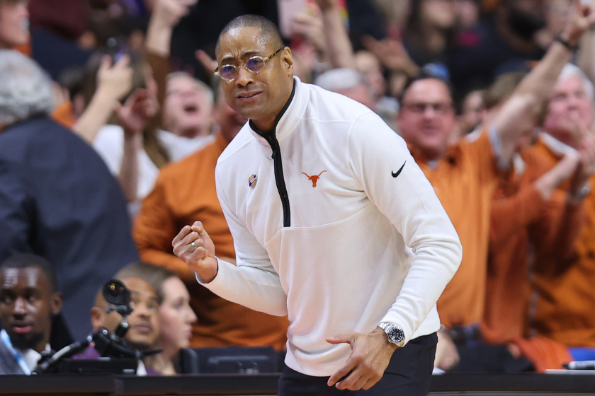 Head coach Rodney Terry of the Texas Longhorns reacts late in the second half against the Penn State Nittany Lions in the second round of the NCAA Men's Basketball Tournament at Wells Fargo Arena