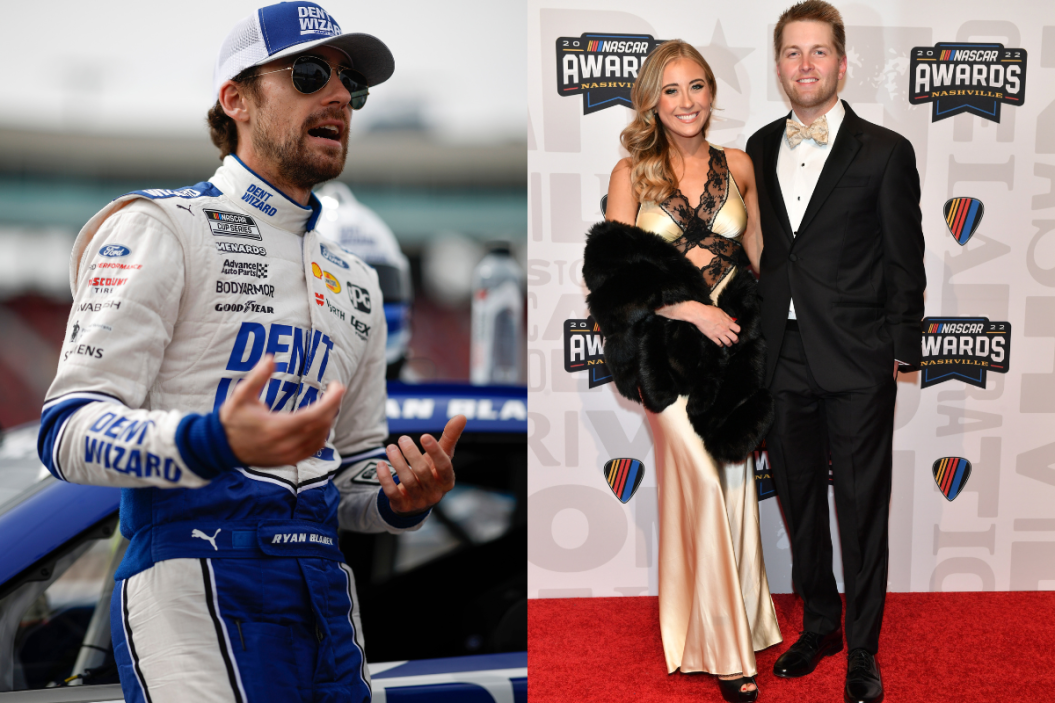 Ryan Blaney waits on the grid during qualifying for the 2023 United Rentals Work United 500 at Phoenix Raceway ; William Byron and Erin Blaney attend the 2022 NASCAR Awards and Champion Celebration at the Music City