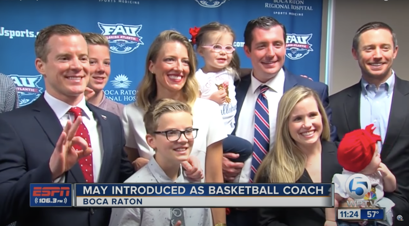 Dusty May (left) with wife Anna and his family after being introduced as FAU's head coach in 2018.