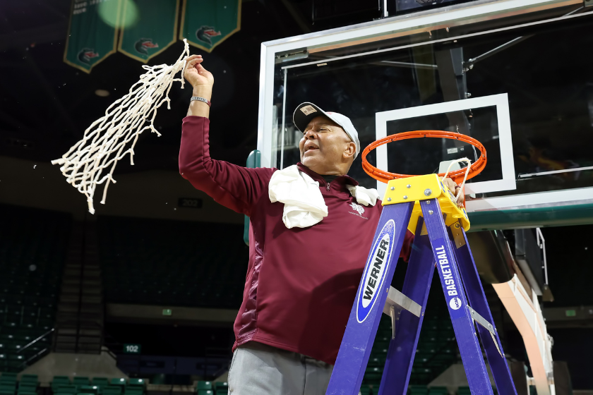 Head coach Johnny Jones cuts down the net after the SWAC Basketball Championship game between the Texas Southern Tigers and the Grambling State Tigers