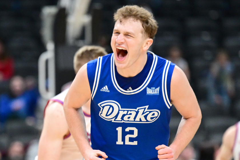 Drake guard Tucker DeVries (12) reacts after hitting a three-point shot during a game between the Drake Bulldogs and the Bradley Braves in the finals of the Missouri Valley Conference Basketball Tournament 