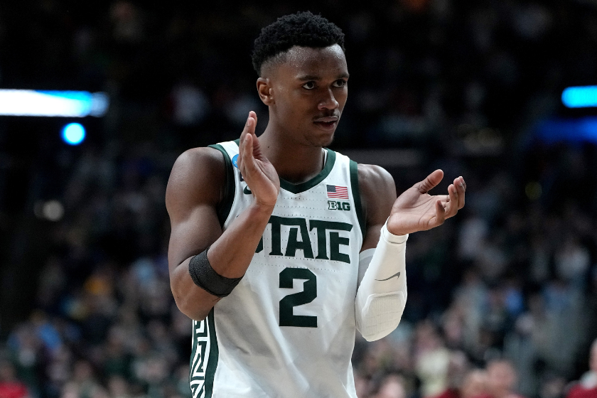 Tyson Walker #2 of the Michigan State Spartans celebrates against the USC Trojans during the second half in the first round game of the NCAA Men's Basketball Tournament at Nationwide Arena