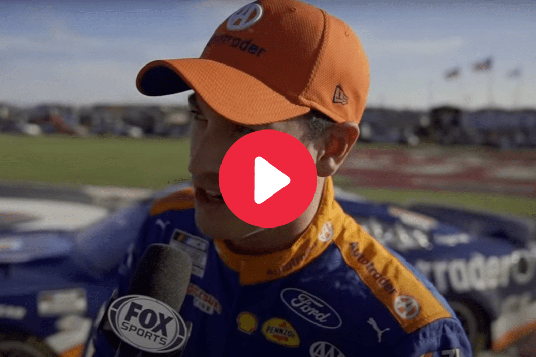 joey logano gets interviewed at atlanta motor speedway after winning cup series race