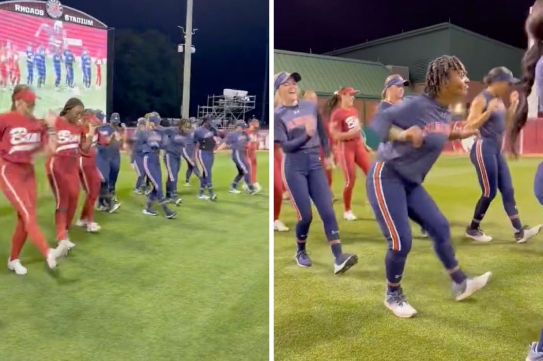 Auburn and Alabama's softball teams dance together.