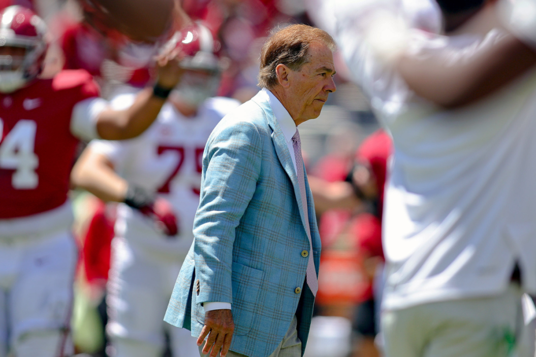 Head coach Nick Saban of the Alabama Crimson Tide looks on prior to kickoff during the Alabama Spring Football Game at Bryant-Denny Stadium
