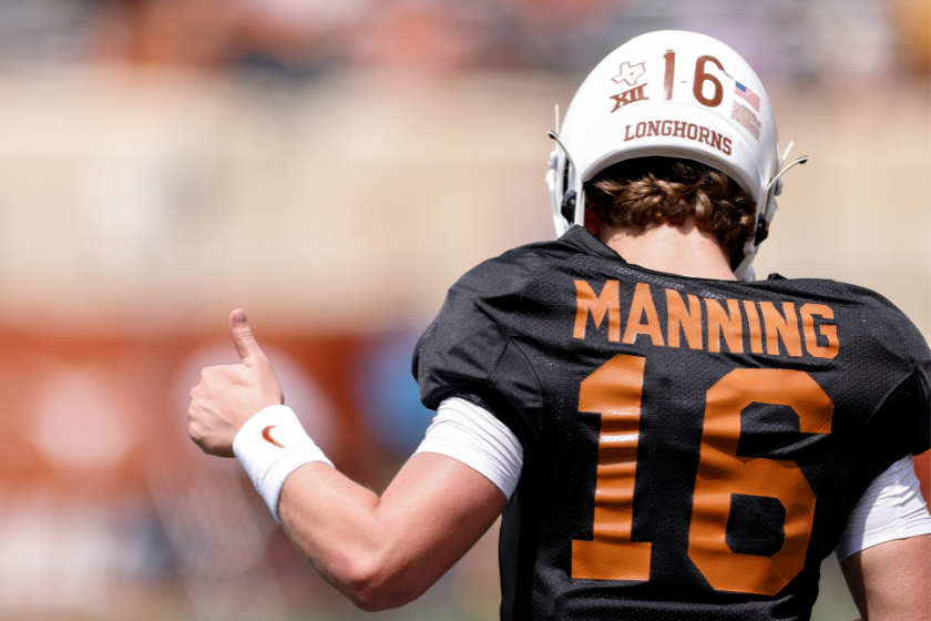 Arch Manning #16 of the Texas Longhorns reacts before the Texas Football Orange-White Spring Football Game