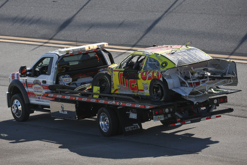 The #02 Ollie's Bargain Outlet Chevrolet, driven by Blaine Perkins is towed after an on-track incident during the NASCAR Xfinity Series Ag-Pro 300