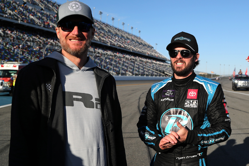 Dale Earnhardt Jr. and Ryan Truex during the running of the 2022 Beef, It's What's for Dinner 300 at Daytona International Speedway