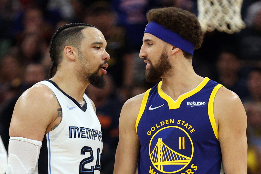 Dillon Brooks #24 of the Memphis Grizzlies and Klay Thompson #11 of the Golden State Warriors exchange words during the second quarter in Game Six of the 2022 NBA Playoffs Western Conference Semifinals at Chase Center