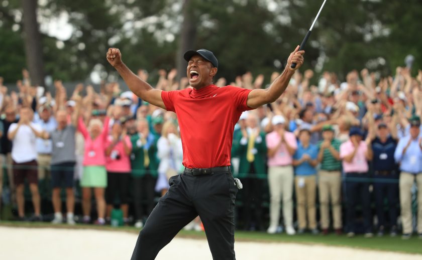 Tiger Woods wearing red.