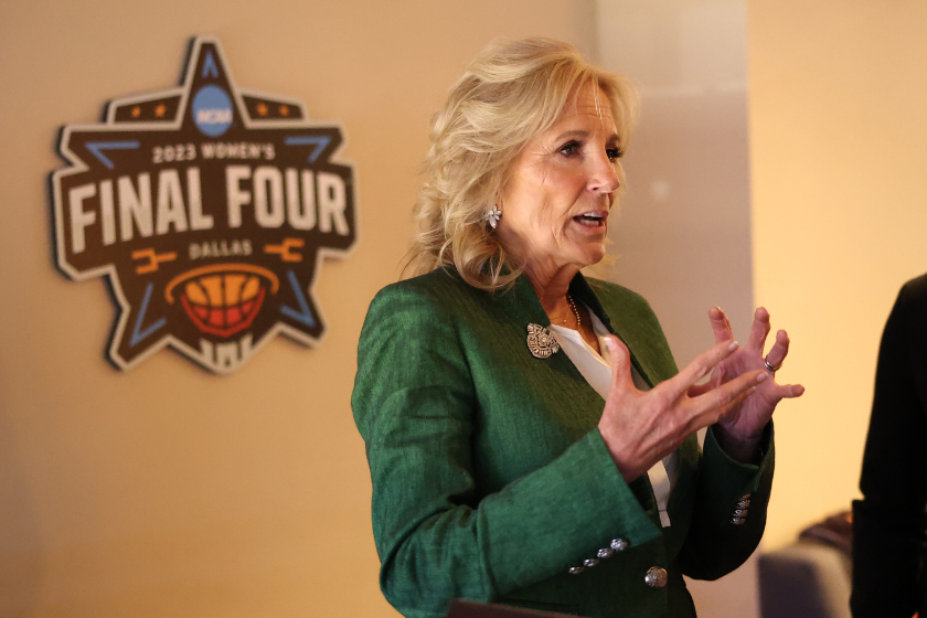 First lady Jill Biden talks with guests during the 2023 NCAA Women's Basketball Tournament National Championship at American Airlines Center 