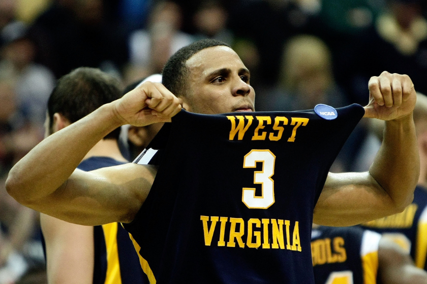 Joe Mazzulla #3 of the West Virginia Mountaineers celebrates after defeating the Duke Blue Devils during the second round of the West Regional as part of the 2008 NCAA Men's Basketball Tournament 