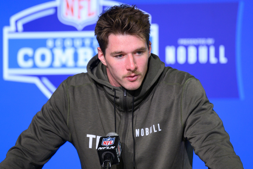 Oregon State tight end Luke Musgrave answers questions from the media during the NFL Scouting Combine