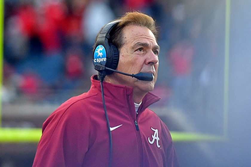 Head coach Nick Saban of the Alabama Crimson Tide during the game against the Mississippi Rebels at Vaught-Hemingway Stadium