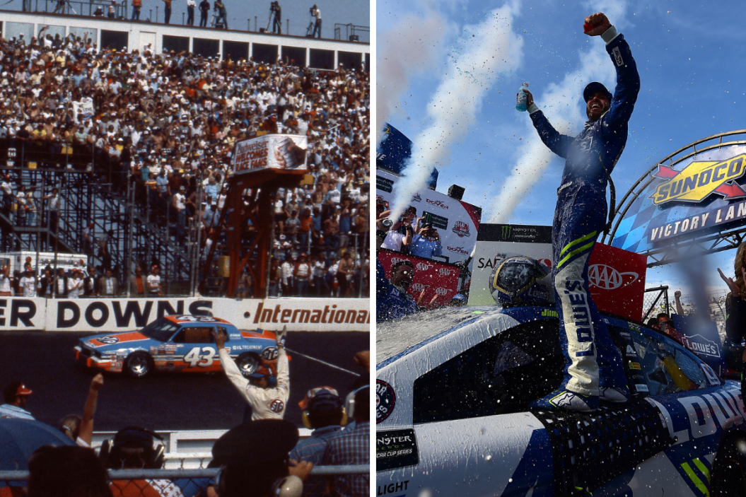 Richard Petty takes the checkered flag to win the 1984 Budweiser 500 at Dover Downs International Raceway ; Jimmie Johnson celebrates after winning the 2017 AAA 400 Drive for Autism at Dover International Speedway