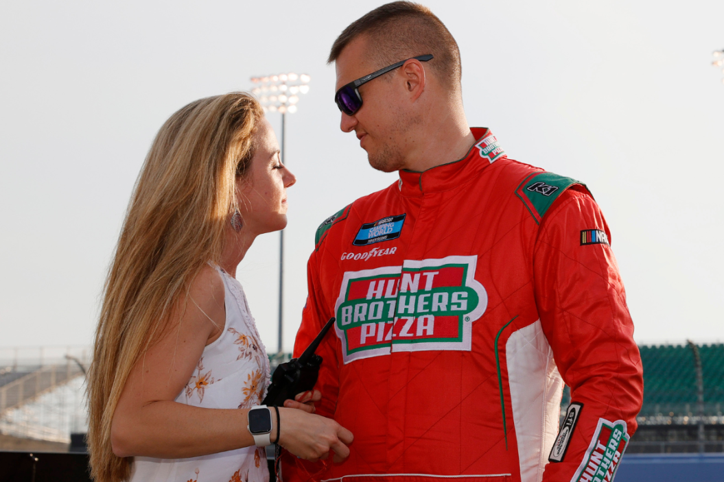 Ryan Preece and wife Heather talk on the grid prior to the 2021 Rackley Roofing 200 at Nashville Superspeedway