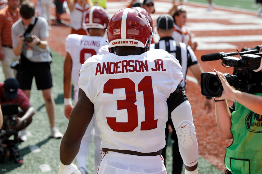 Will Anderson Jr. #31 of the Alabama Crimson Tide takes the field before the game against the Texas Longhorns at Darrell K Royal-Texas Memorial Stadium