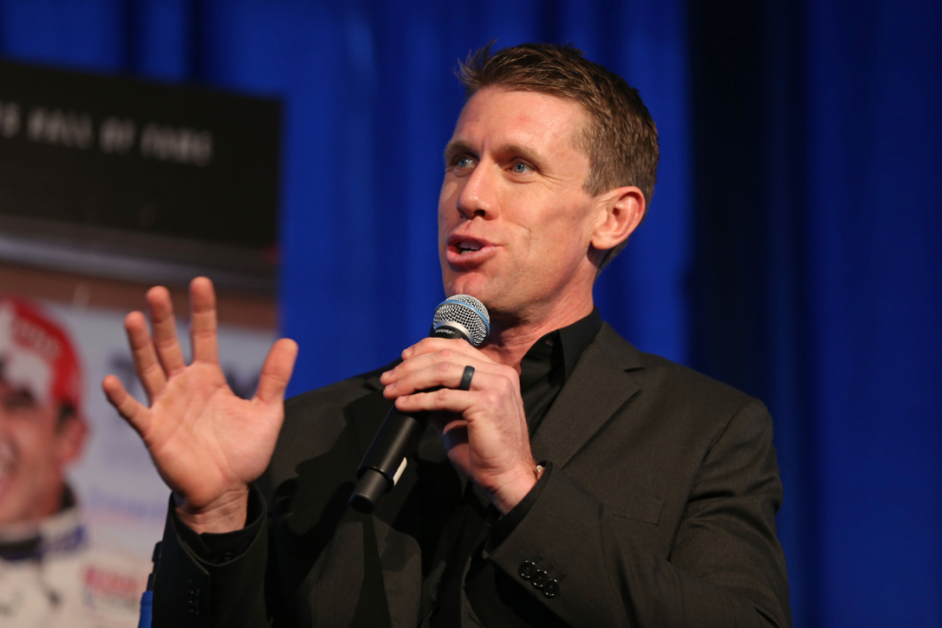 Carl Edwards speaks during the 2018 Texas Motorsports Hall of Fame ceremony at Texas Motor Speedway