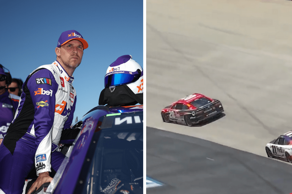 Denny Hamlin enters his car during qualifying for the 2023 GEICO 500 at Talladega Superspeedway ; Christopher Bell races Denny Hamlin at Dover Motor Speedway