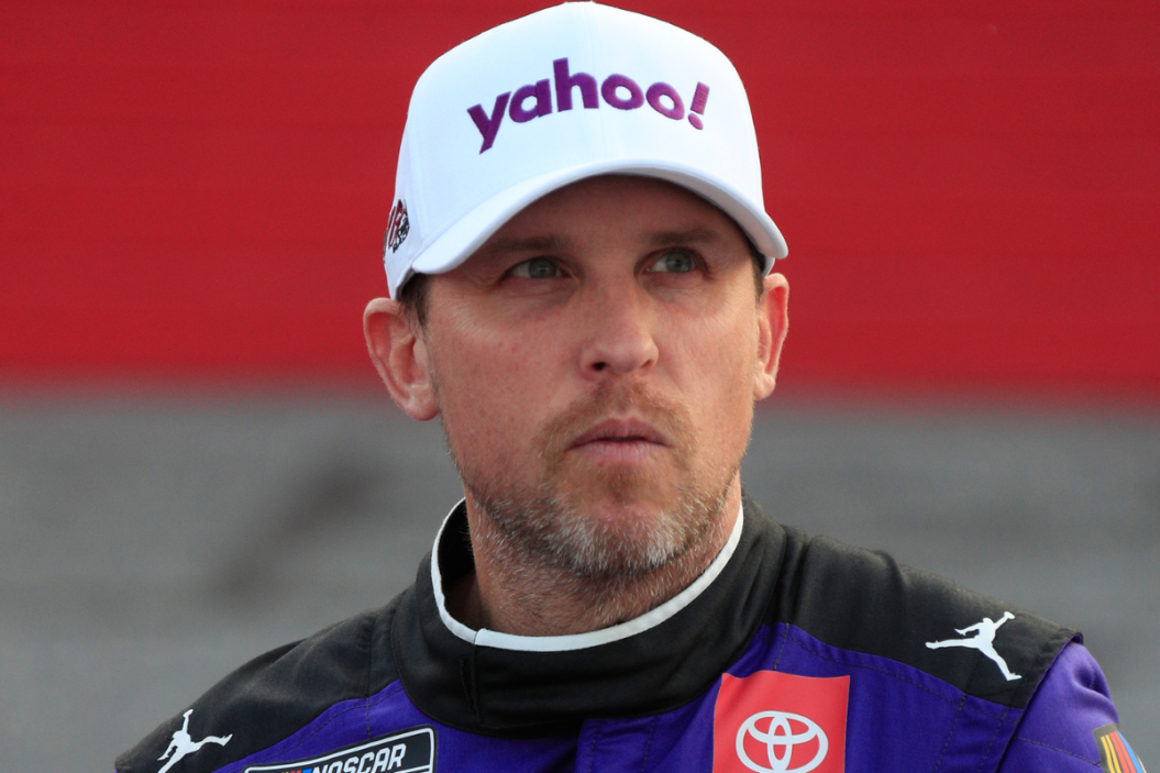 Denny Hamlin looks on during the running of the 2023 All-Star Race at North Wilkesboro Speedway