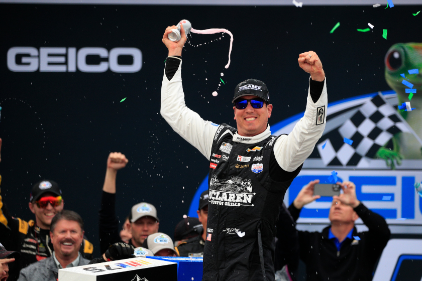 Kyle Busch celebrates after winning the 2023 GEICO 500 at Talladega Superspeedway