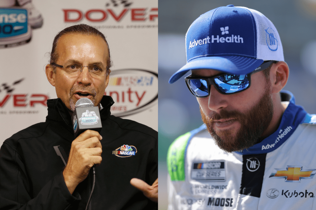 Kyle Petty speaks with the media at a press conference prior to the 2015 Hisense 200 at Dover International Speedway ; Ross Chastain waits on the grid during practice for the 2023 Advent Health 400 at Kansas Speedway