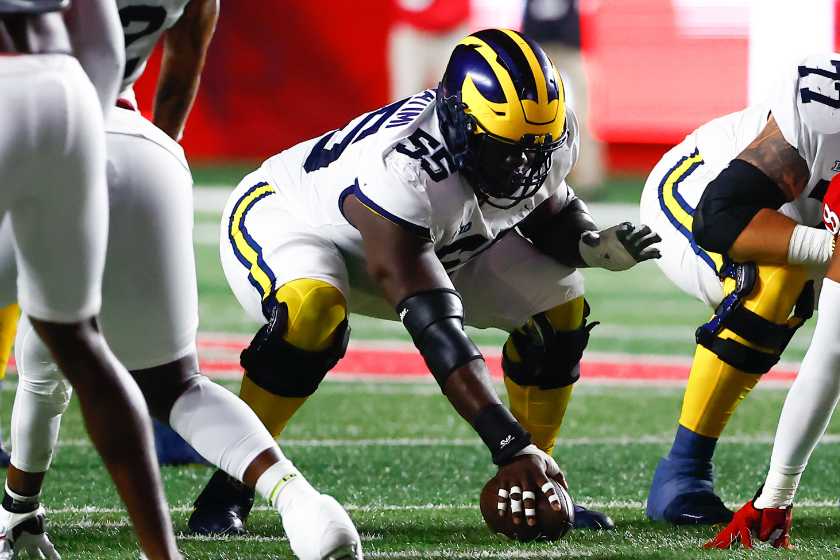 Michigan Wolverines offensive lineman Olusegun Oluwatimi (55) during the college football game against the Rutgers Scarlet Knights