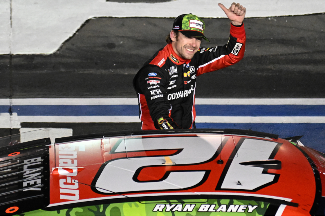Ryan Blaney celebrates after winning the 2023 Coca-Cola 600 at Charlotte Motor Speedway
