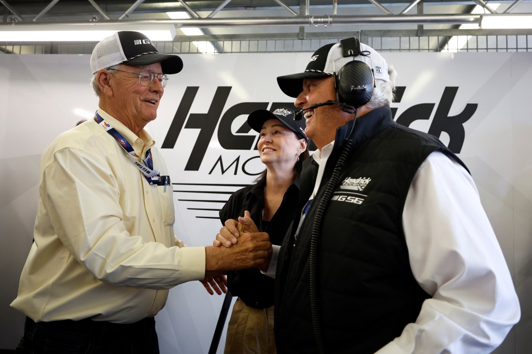 LE MANS, FRANCE - JUNE 11: Jim France, Chairman and CEO of NASCAR and team owner Rick Hendrick celebrate as the #24 NASCAR Next Gen Chevrolet ZL1 finishes the 100th anniversary of the 24 Hours of Le Mans at the Circuit de la Sarthe June 10, 2023 in Le Mans, France.