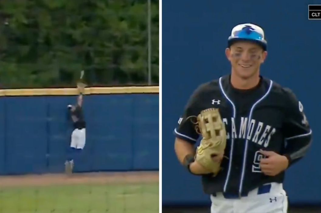 An Indiana State outfielder smiles after faking a home run robbery.