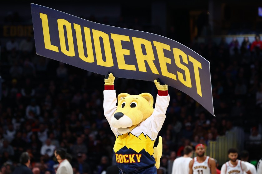 Denver Nuggets mascot Rocky signals to fans.