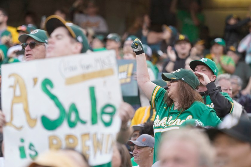 Oakland A's fans yell.