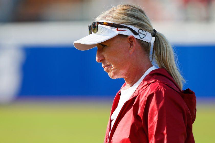 Oklahoma head coach Patty Gasso looks on during a game.