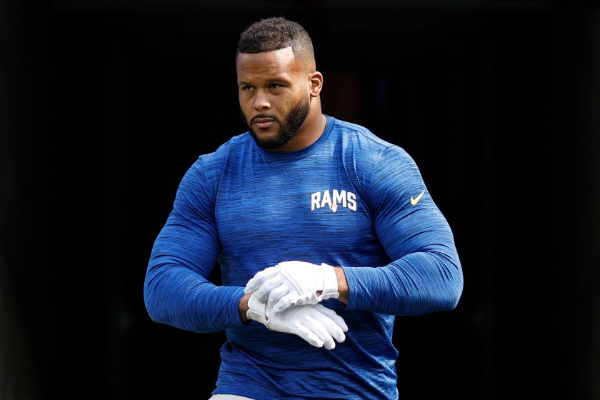 Aaron Donald warms up before a game.