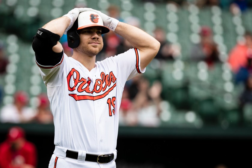 Chris Davis stands with his hands on his head in 2018.