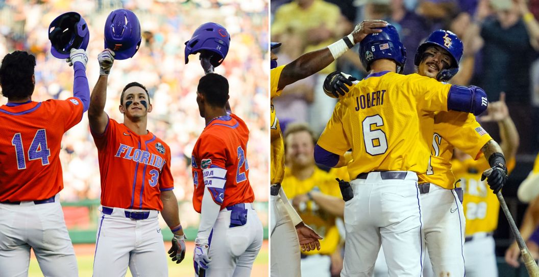Florida and LSU's baseball teams celebrates during the Men's College World Series.