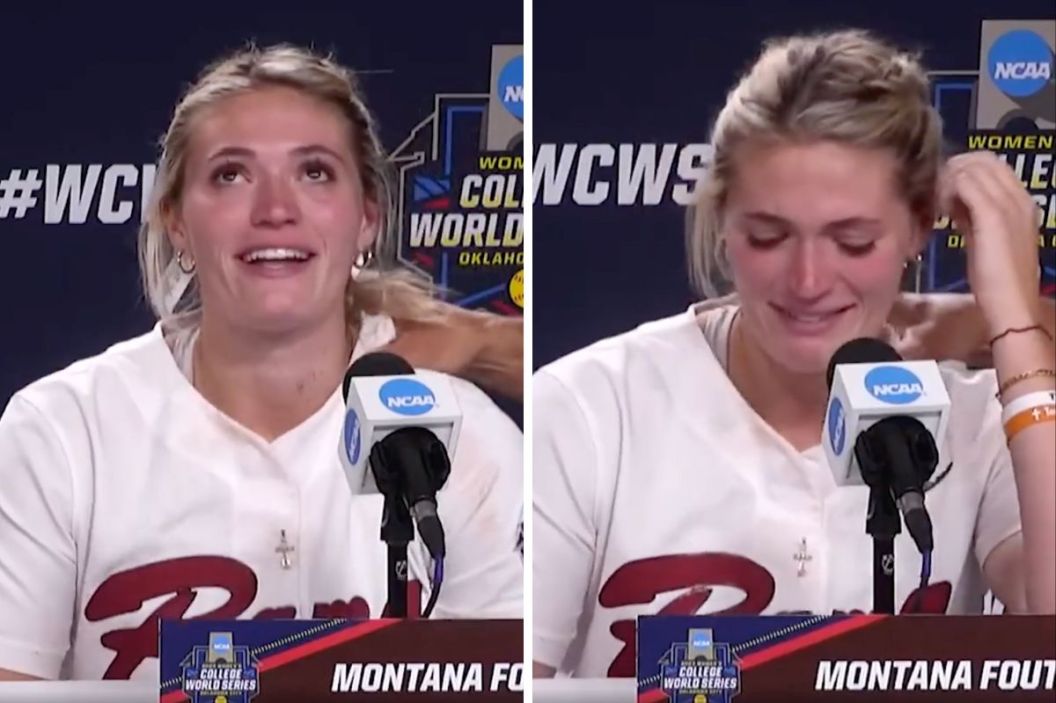 Montana Fouts tears up in her press conference.