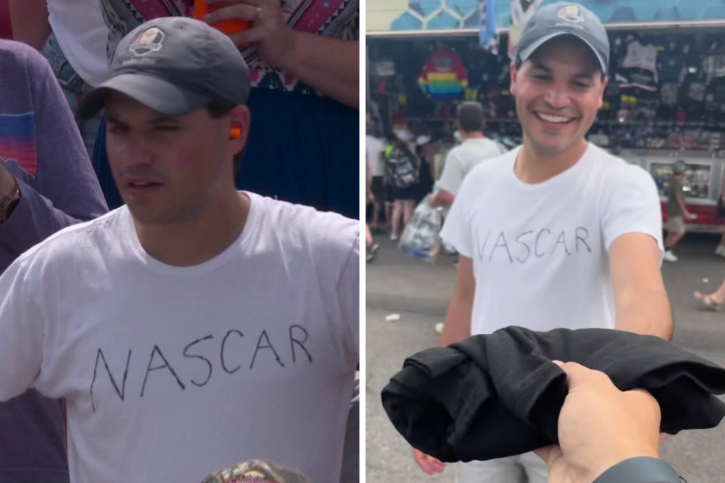 NASCAR fan wears DIY NASCAR shirt and then is surprised with actual shirt from NASCAR