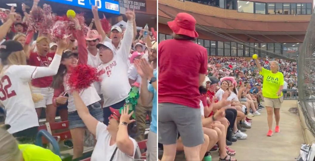 An usher gives a home run ball to a family at the WCWS.