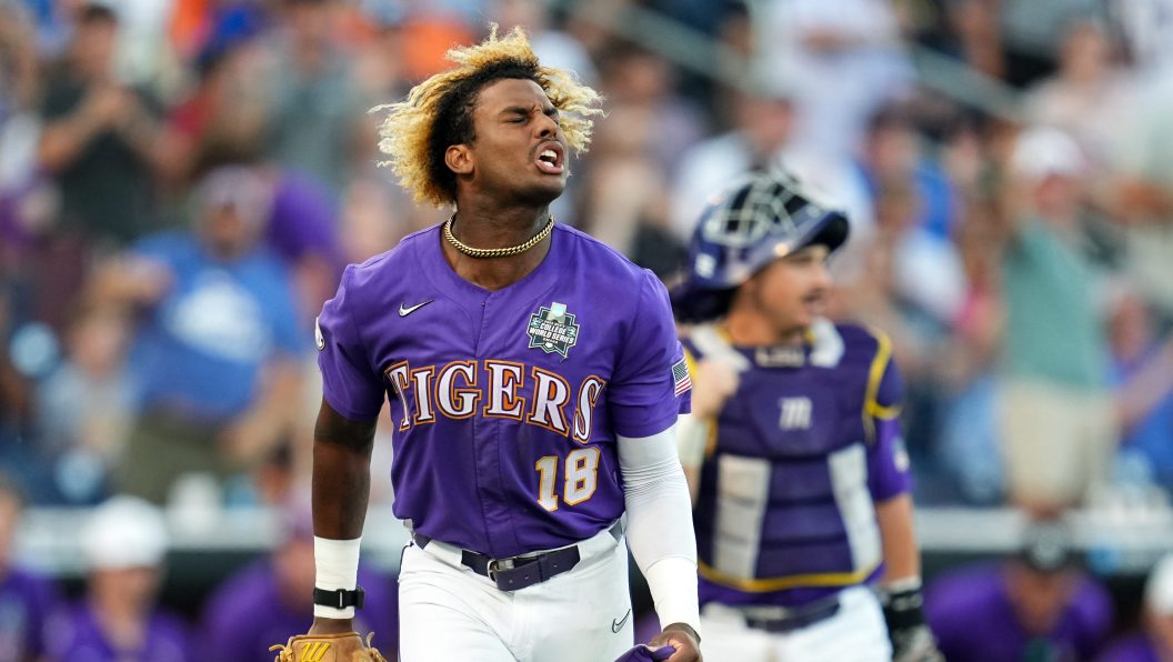 OMAHA, NEBRASKA - JUNE 22: Tre' Morgan #18 of the LSU Tigers reacts after making a play during the eighth inning against the Wake Forest Demon Deacons at Charles Schwab Field on June 22, 2023 in Omaha, Nebraska. LSU Tigers defeated Wake Forest Demon Deacons to advance to the NCAA College World Series Finals. (