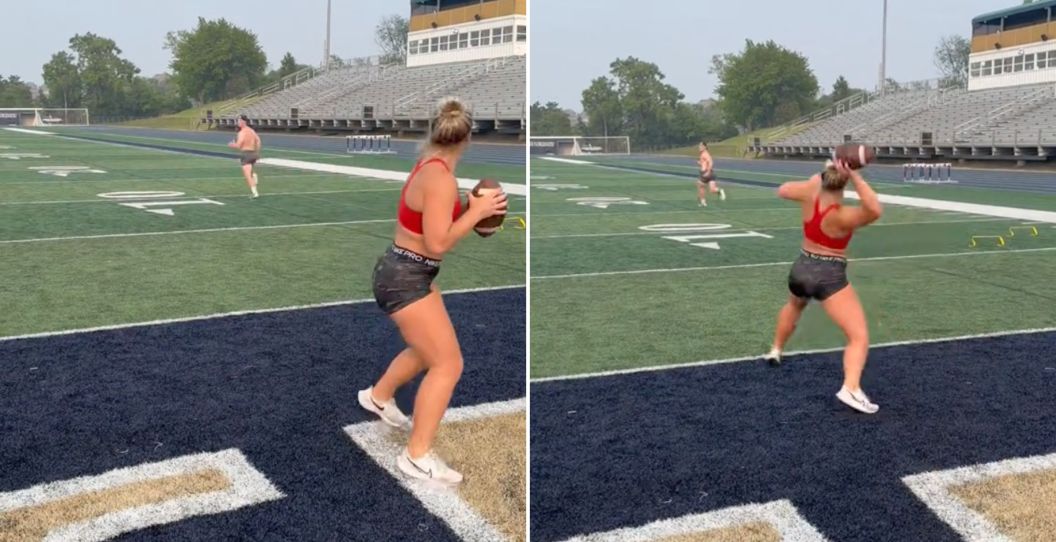 A female collegiate shot putter throws a football 30 yards.