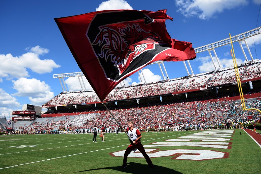 A cheerleader holds a flag for South Carolina at a Gamecocks football game.