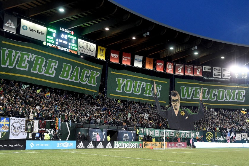 A view of fans at a Portland Timbers soccer game.