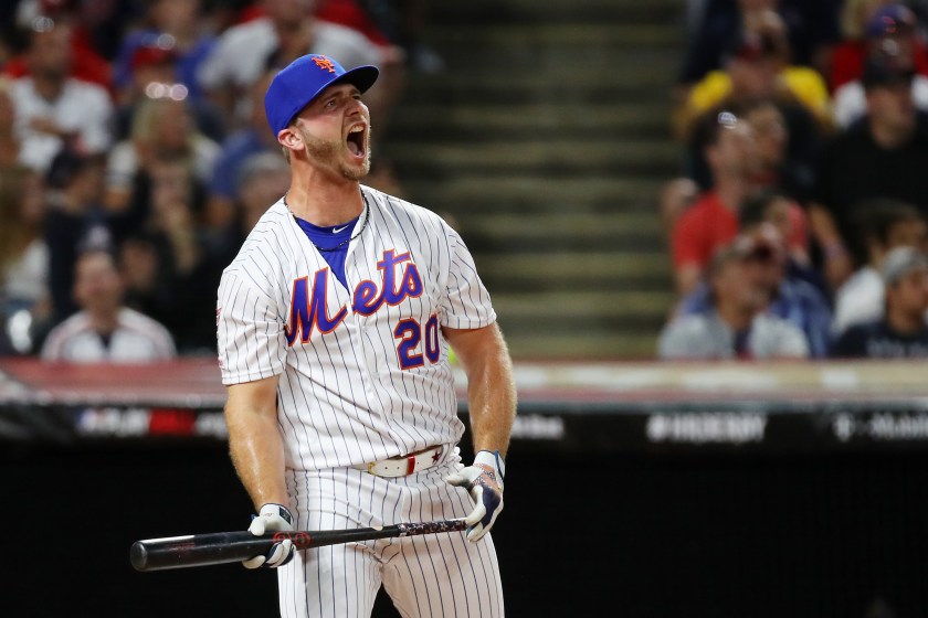 Pete Alonso screams after a home run at the home run derby.