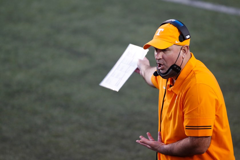 Former Tennessee Volunteers head coach Jeremy Pruitt argues on the sideline. 