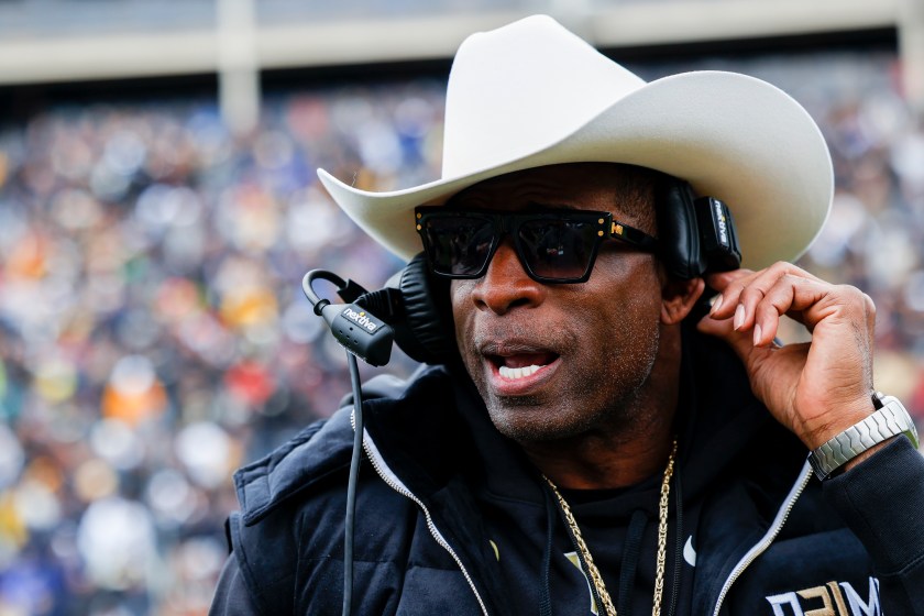 Colorado head coach Deion Sanders mic'd up during the team's spring game. 
