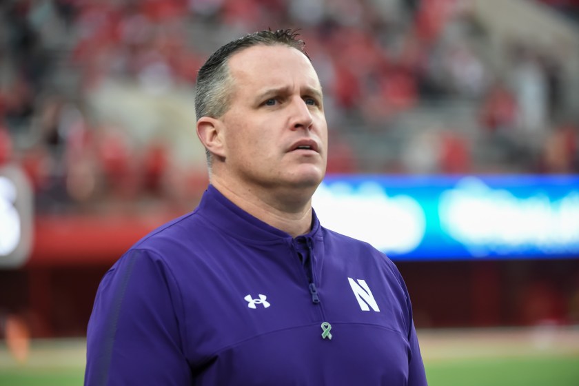 Pat Fitzgerald looks on during a Northwestern game.